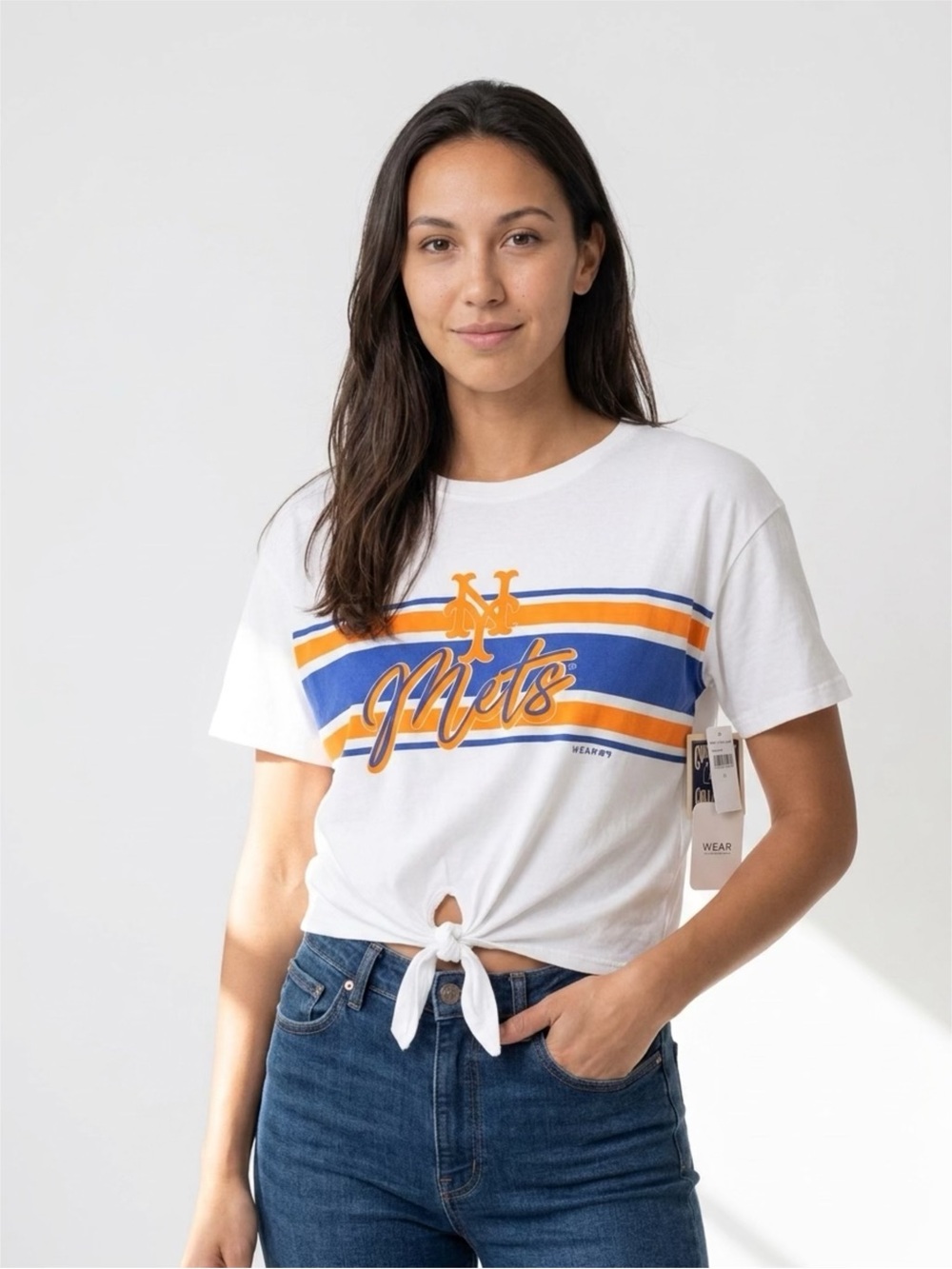 Mets Knot-Front Crop Tee - White with Blue & Orange Stripes